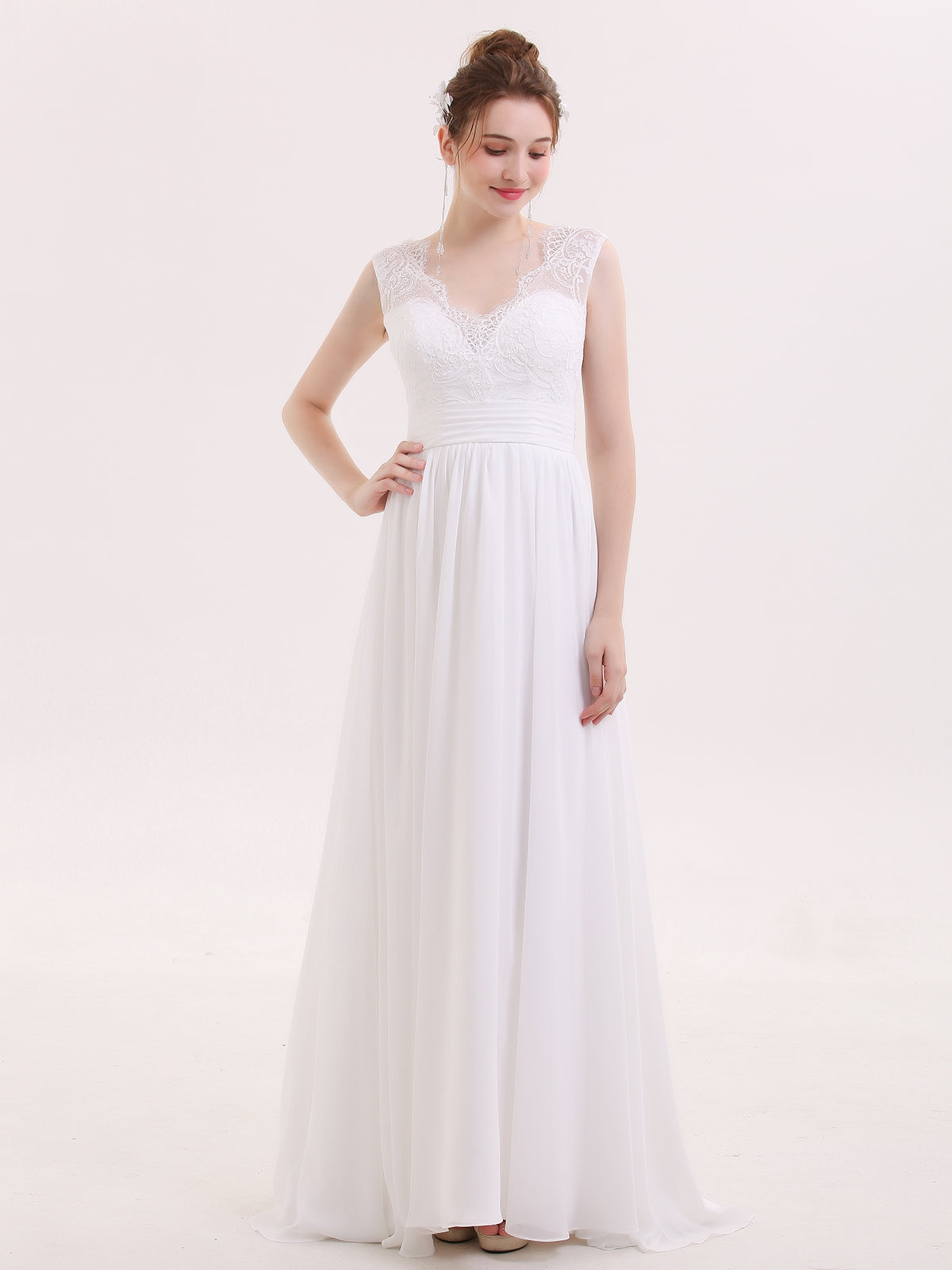 BABARONI Chiffon White Wedding Dresses A-line Scoop Bow Sweep Train, White / US0