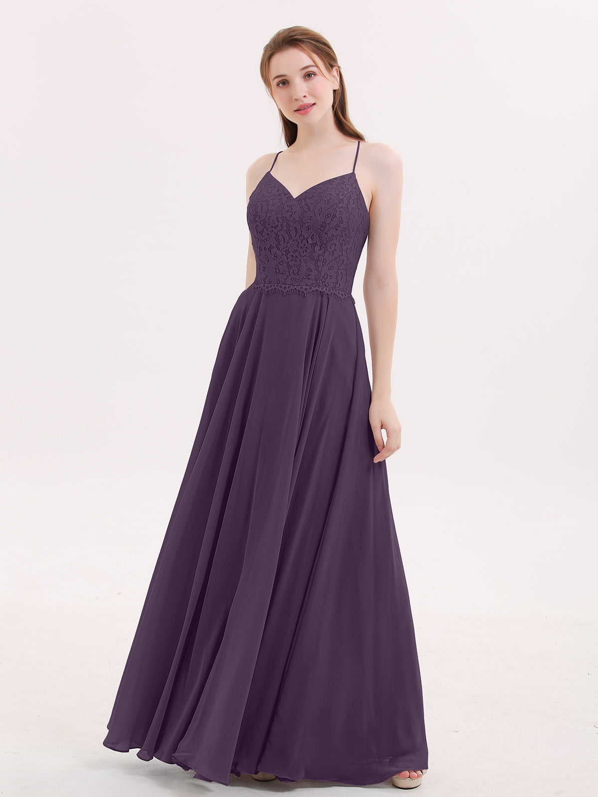 BABARONI BABARONI Chiffon Plum Bridesmaid Dresses V-neck Floor-length Spaghetti Straps Lace A-line, Plum / US0