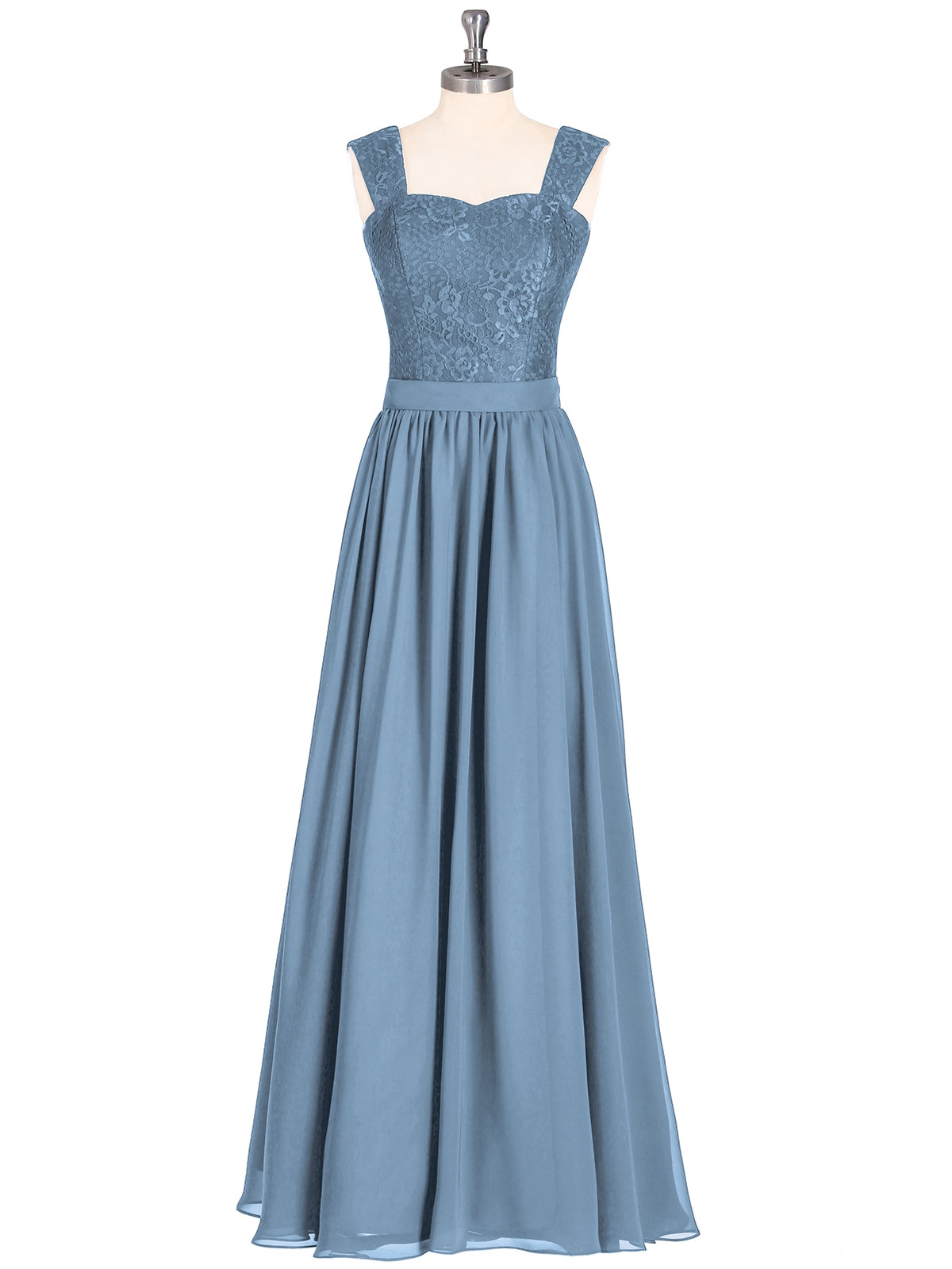 Shoulder Strap Lace AND CHIFFON Long Dress-Slate Blue Vivien BABARONI