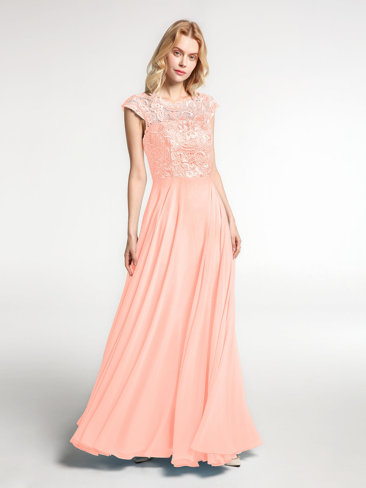 Illusion Neckline Half Sleeve Chiffon Dress Coral Plus Size main image 0
