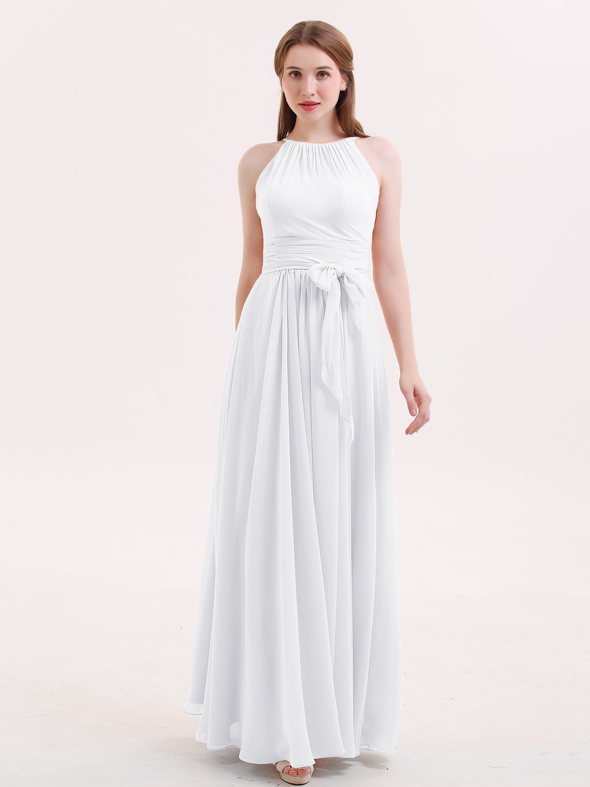 Chiffon Long Bridesmaid Gowns with Bow Sash White Plus Size