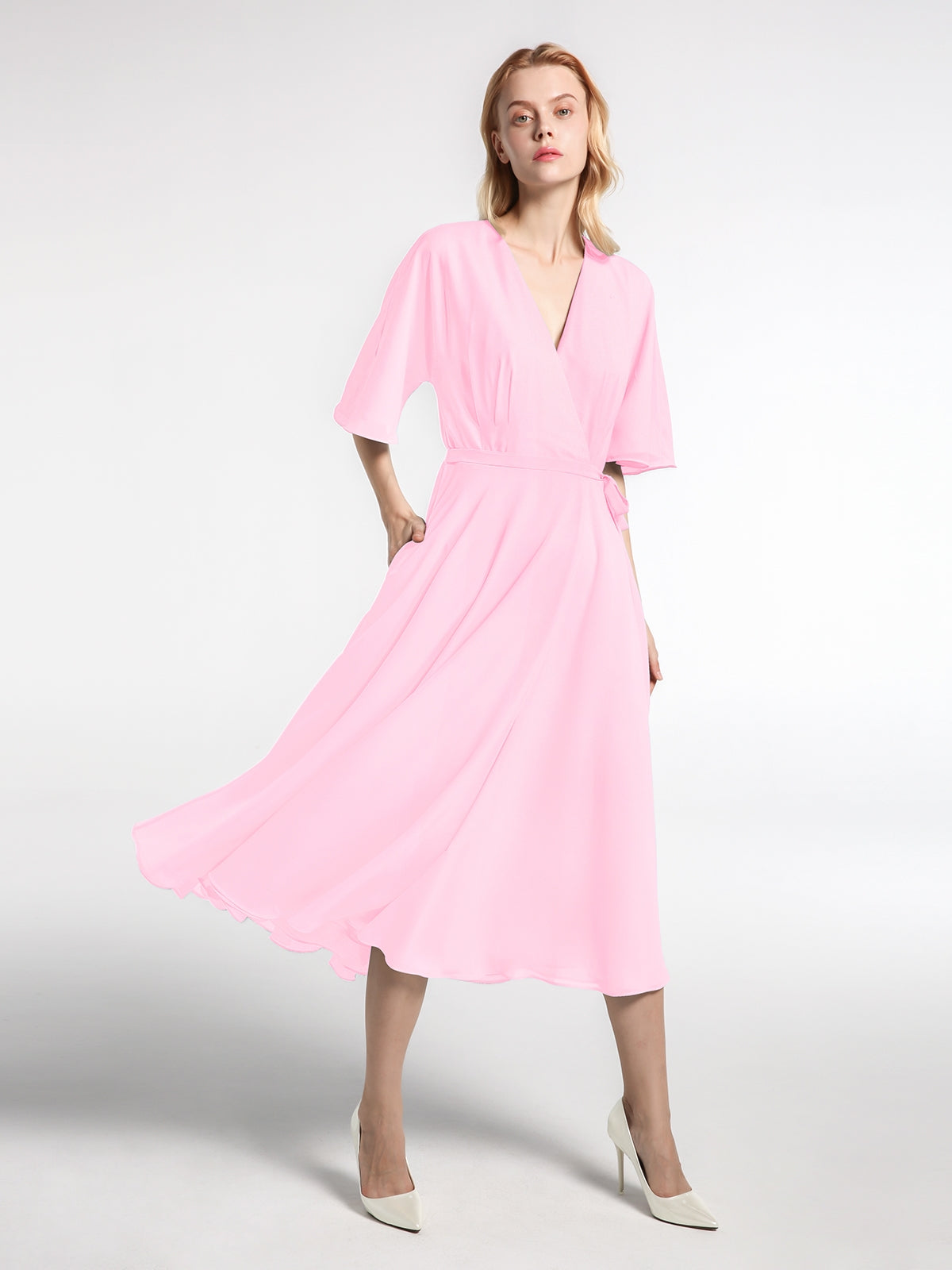 Long Chiffon Dress with V Neck & Pleated Upper Bodice Chocolate Plus Size main image 1