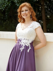 V Neck Chiffon Dress with Ivory Appliqued Bodice Grape
