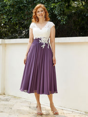V Neck Chiffon Dress with Ivory Appliqued Bodice Grape