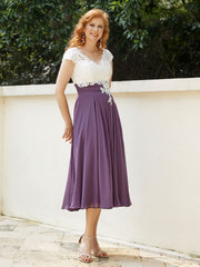 V Neck Chiffon Dress with Ivory Appliqued Bodice Grape