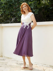 V Neck Chiffon Dress with Ivory Appliqued Bodice Grape