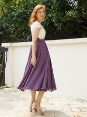 V Neck Chiffon Dress with Ivory Appliqued Bodice Grape