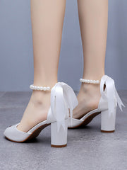 Peep Toe Ribbons Beaded Chunky Heel Sandals