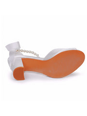 Peep Toe Ribbons Beaded Chunky Heel Sandals