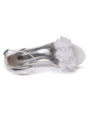 White Floral Satin Open Toe Low Chunky Heels