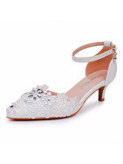 White Lace and Rhinestone Pointed Toe Wedding Shoes