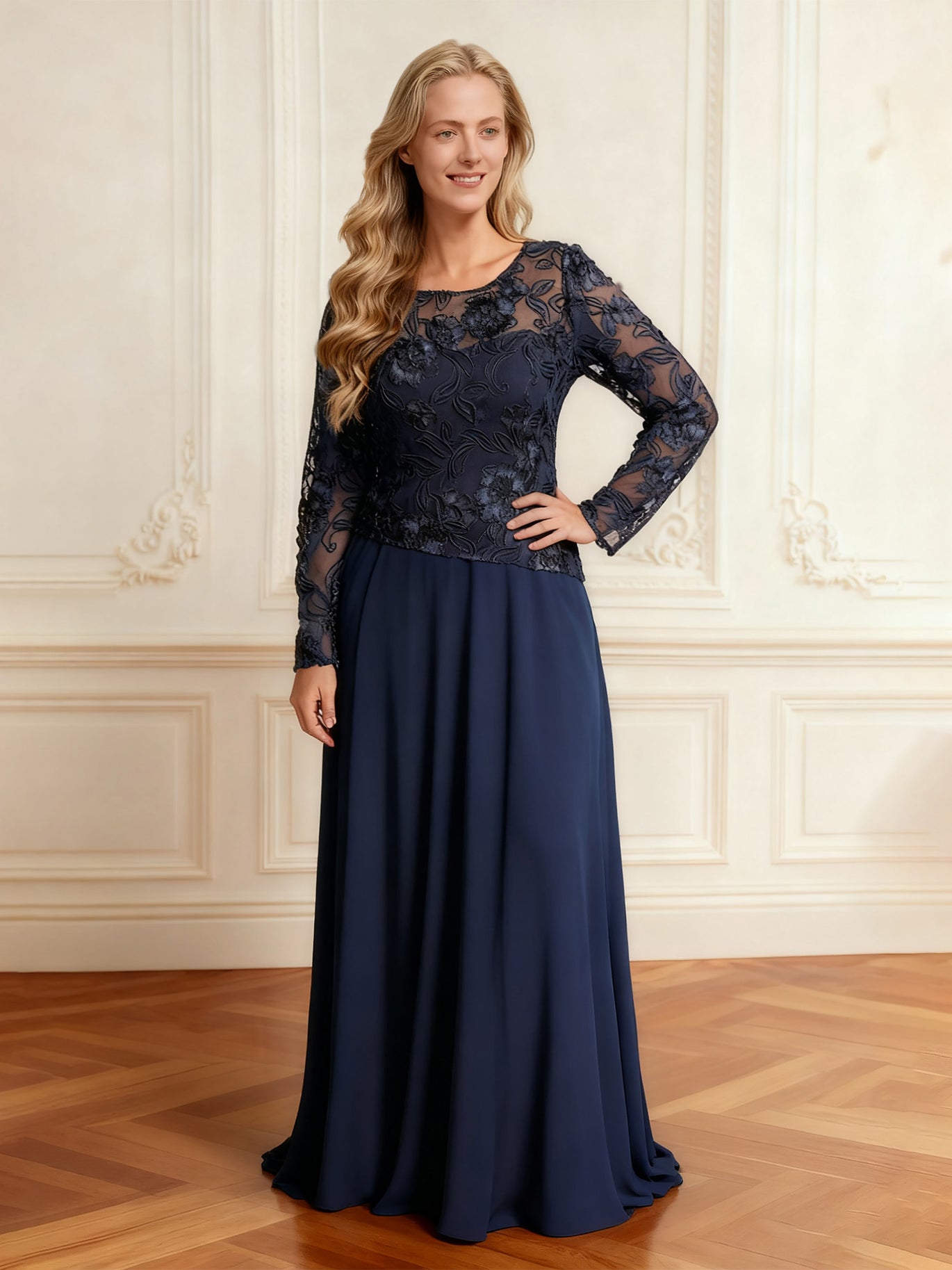 BABARONI Dark Navy Mother of the Bride Dress with Lace Illusion Neck and Long Sleeves
