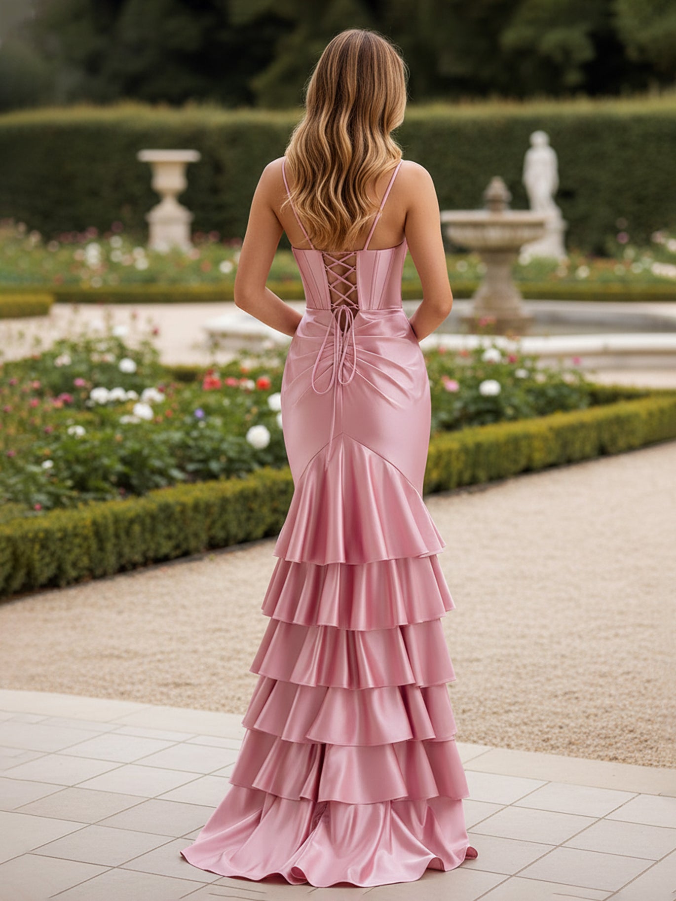 BABARONI Acetate Satin Blushing Pink Prom Dresses Trumpet/Mermaid V-neck  Ruffle With Slit Lace-up