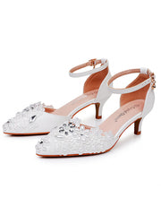 White Lace and Rhinestone Pointed Toe Wedding Shoes