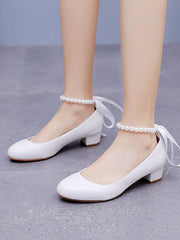 Round Toe Low Chunky Heels Beaded Wedding Shoes