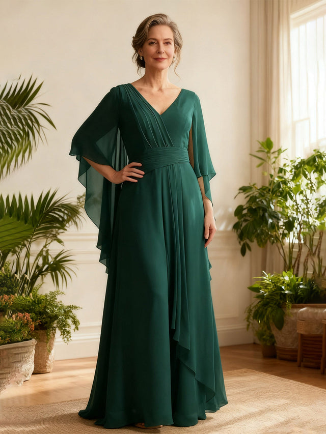 Chiffon Flutter Cape Sleeves V-Neck A-Line Gown Champagne