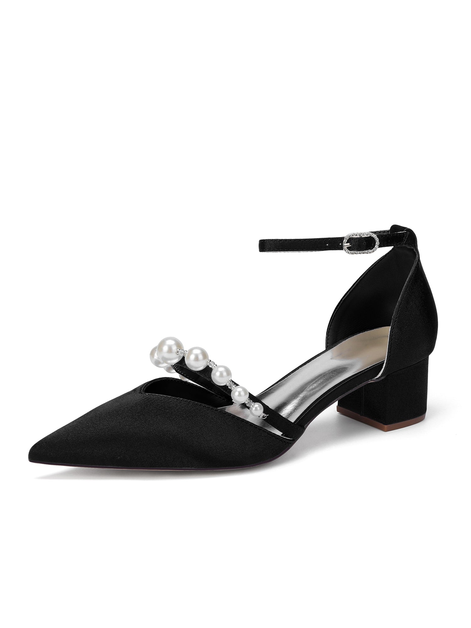 Pointed Toe Satin Block Heels with Arching Pearl Strap – BABARONI