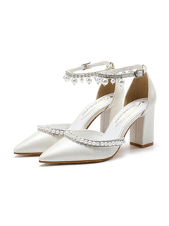 Elegant Pearl Diamond Ankle Strap Block High Heels