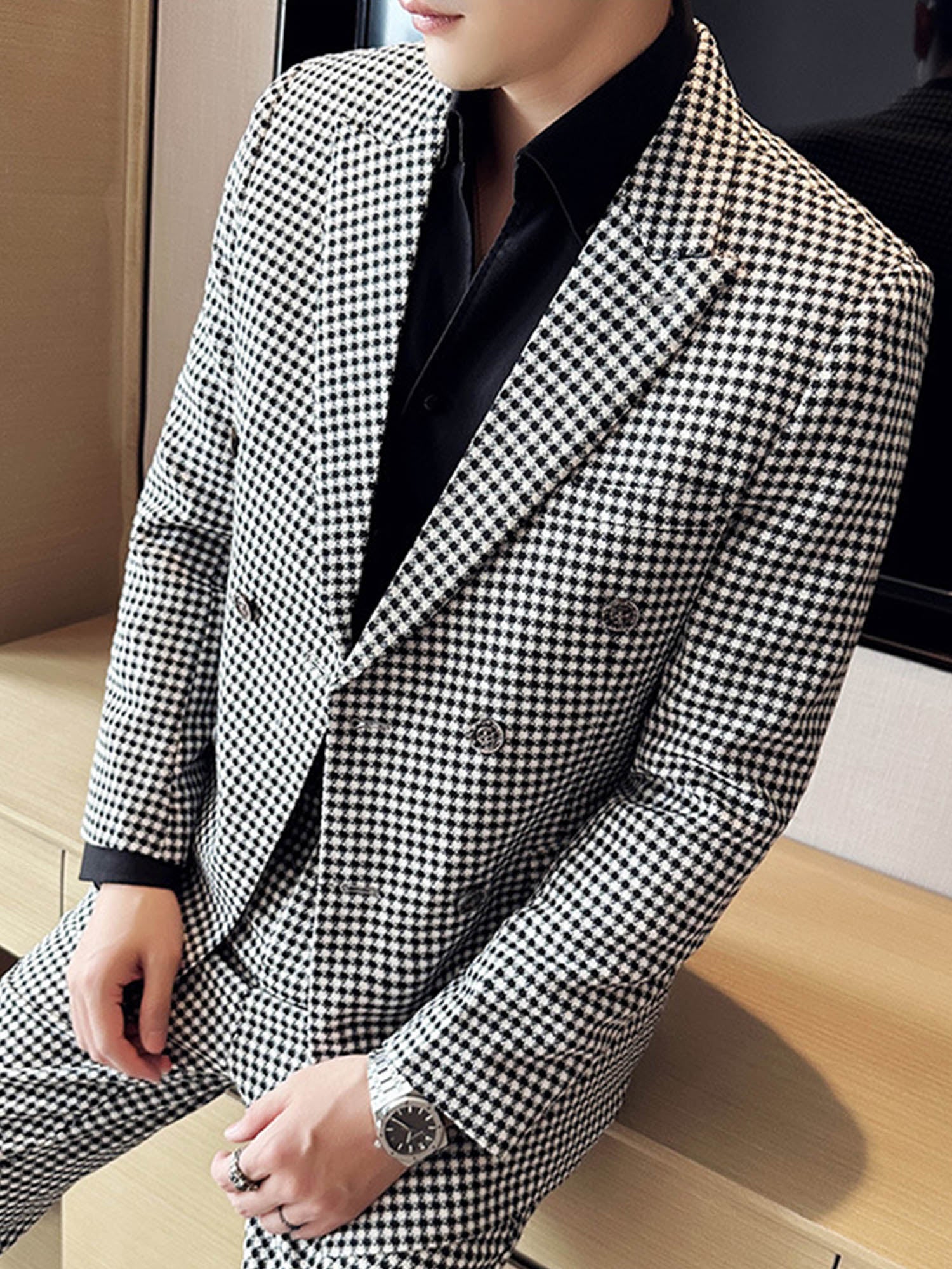 【新品】DOUBLE WEAVE HOUNDSTOOTH PEAK LAPEL Houndstooth Peak Lapel Double-Breasted Men Suits – BABARONI