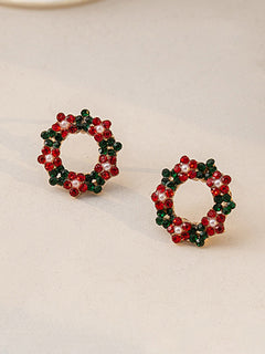 Wreath Contrast Color Christmas Round Pearl Stud Earrings