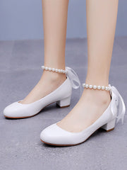 Low Chunky Heels Round Toe Beaded Wedding Shoes