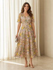 Floral Embroidery V‑Neck Short Sleeve Midi Mother Of The Bride Dress