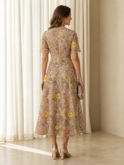 Floral Embroidery V‑Neck Short Sleeve Midi Mother Of The Bride Dress