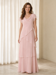 Cowl Neck Short Flutter Sleeve Tiered Floor Length Formal Dress Blushing Pink