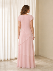 Cowl Neck Short Flutter Sleeve Tiered Floor Length Formal Dress Blushing Pink