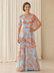 Blue Orange Floral Print V‑Neck Flutter Sleeve Chiffon Tiered Dress