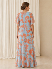 Blue Orange Floral Print V‑Neck Flutter Sleeve Chiffon Tiered Dress