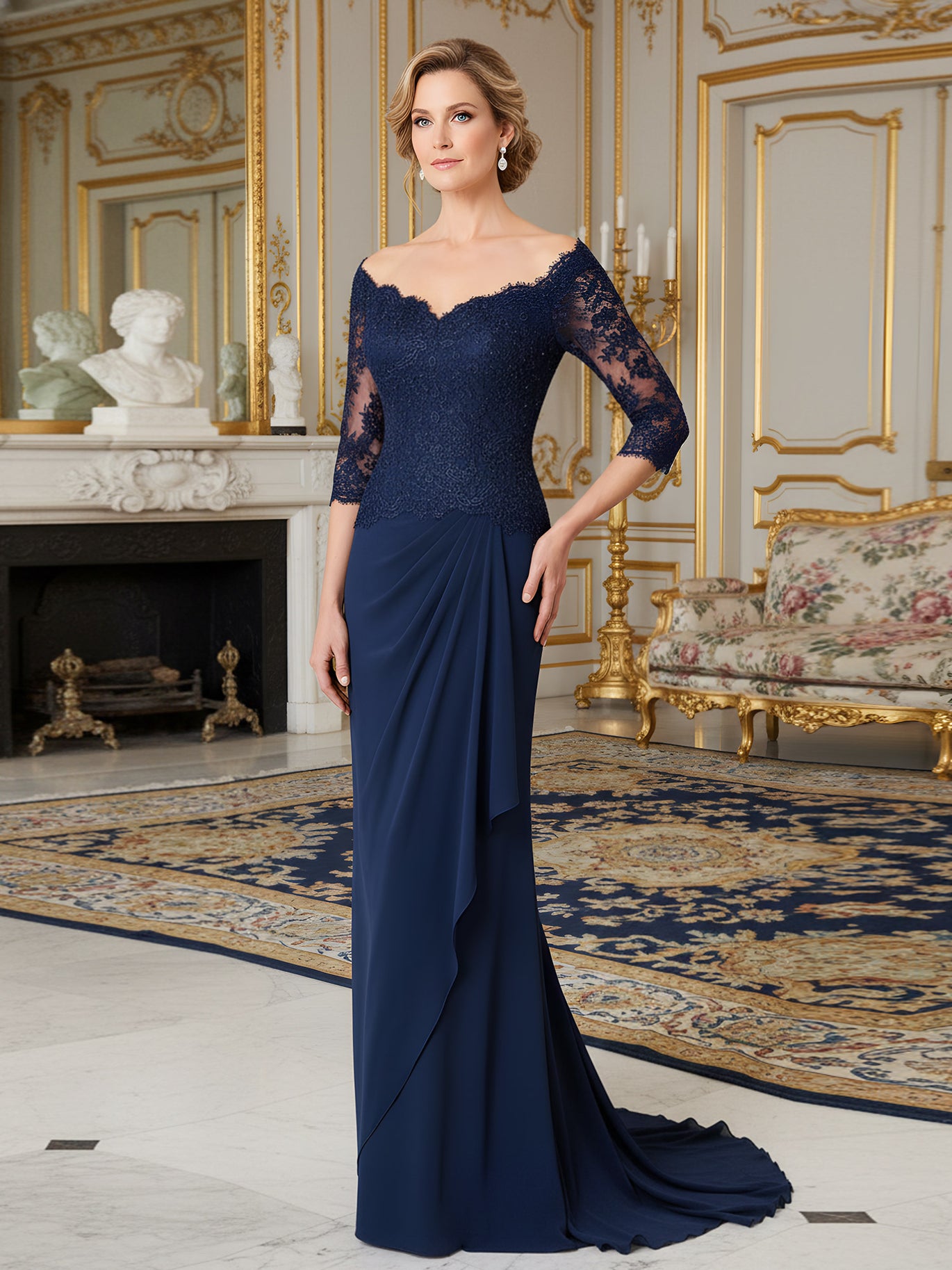 navy blue long sleeve mother of the bride dress Long Sleeve Formal Mother of the Bride Chiffon Dress