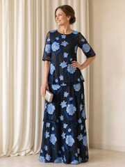 A-Line Round Neck Floral Tiered Mother Of The Bride Maxi Dress