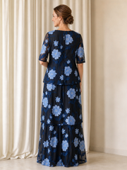 A-Line Round Neck Floral Tiered Mother Of The Bride Maxi Dress