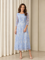 Tea-length Floral Round Neck 3/4 Sleeve A‑Line Tulle Formal Gown