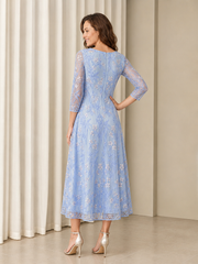 Tea-length Floral Round Neck 3/4 Sleeve A‑Line Tulle Formal Gown