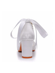 Peep Toe Ribbons Beaded Chunky Heel Sandals