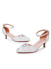 White Lace and Rhinestone Pointed Toe Wedding Shoes