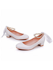 Low Chunky Heels Round Toe Beaded Wedding Shoes