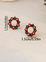 Wreath Contrast Color Christmas Round Pearl Stud Earrings
