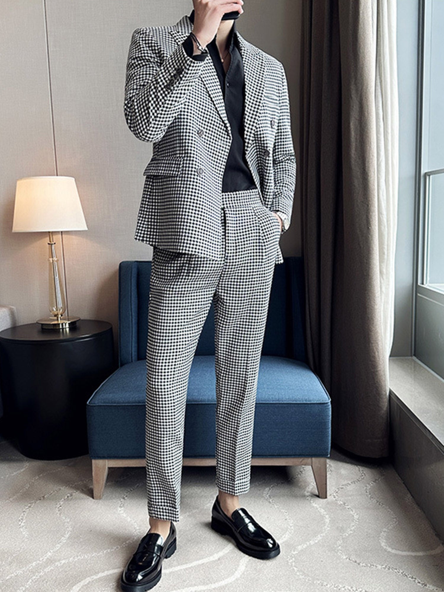 Houndstooth Peak Lapel Double-Breasted Men Suits – BABARONI