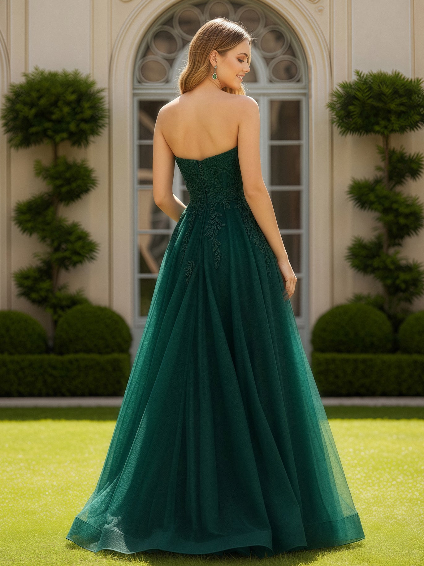 open lace back dress BABARONI BABARONI Tulle Dark Green Prom Dresses A-Line Sweetheart Sleeveless Appliqued, Dark Green / US0