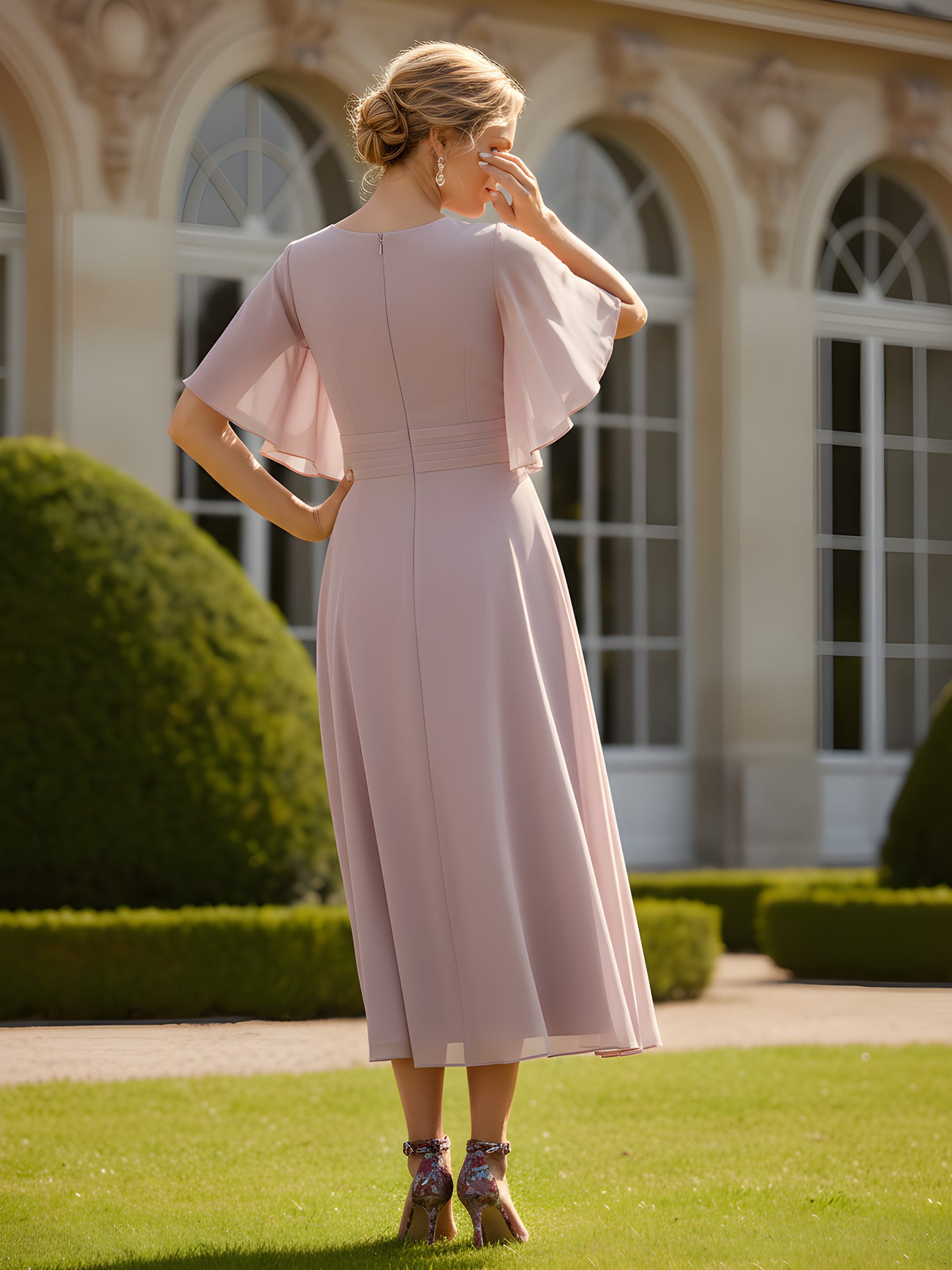 BABARONI Chiffon Dusk Mother of the Bride Dresses A-line V-neck Flutter Sleeve Crystal Brooch Tea-length BABARONI Chiffon Dusk Mother of the Bride Dresses A-line V-neck Flutter Sleeve Crystal Brooch Tea-length