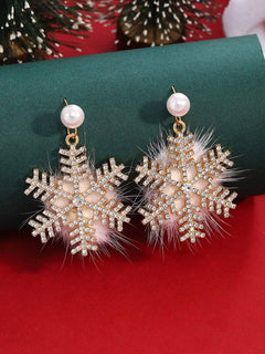 Christmas Plush Snowflake Diamond Super Shiny Pearl Earrings