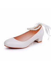 Round Toe Low Chunky Heels Beaded Wedding Shoes