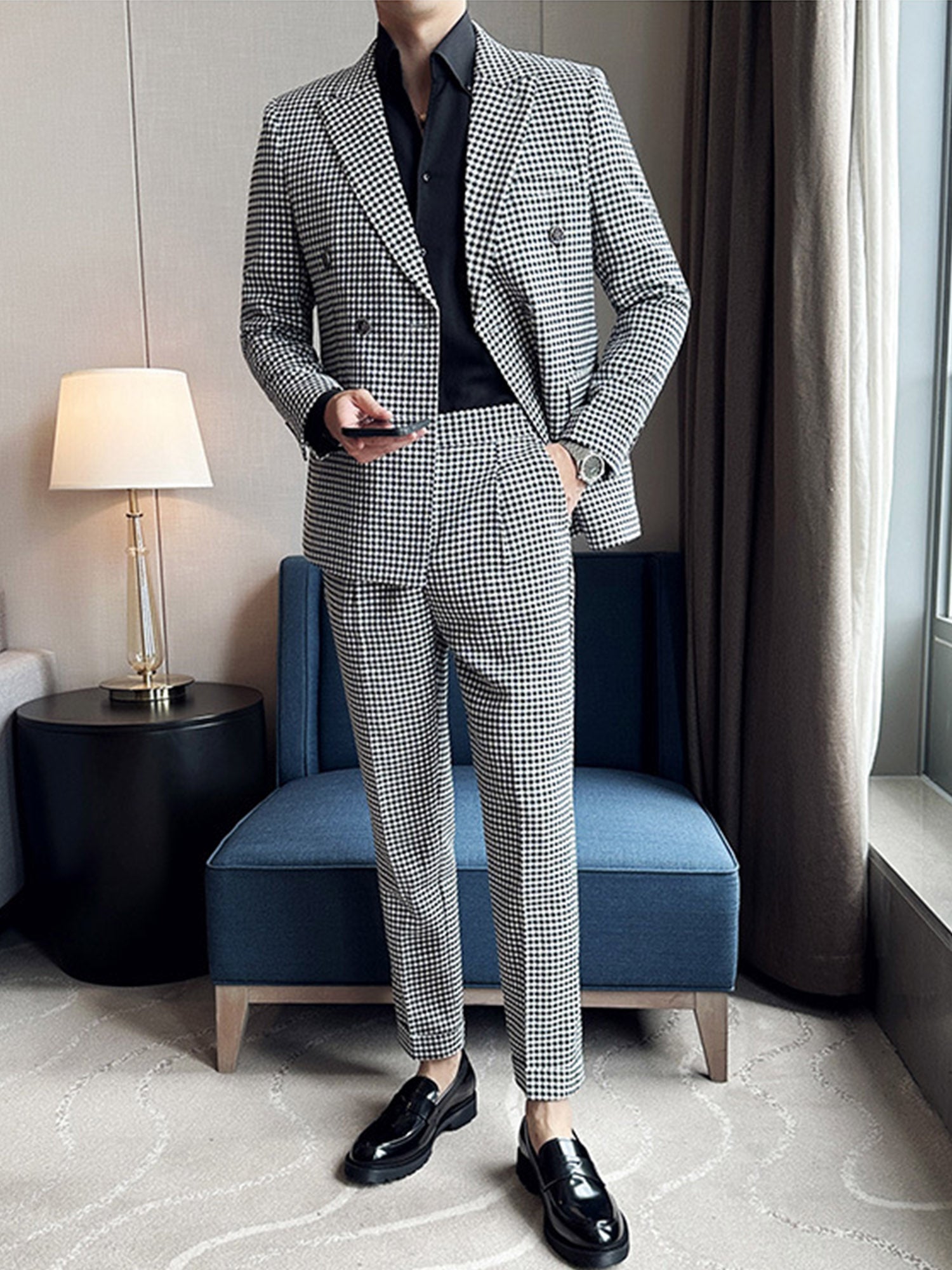Houndstooth Peak Lapel Double-Breasted Men Suits – BABARONI