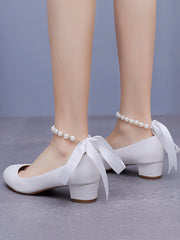 Low Chunky Heels Round Toe Beaded Wedding Shoes