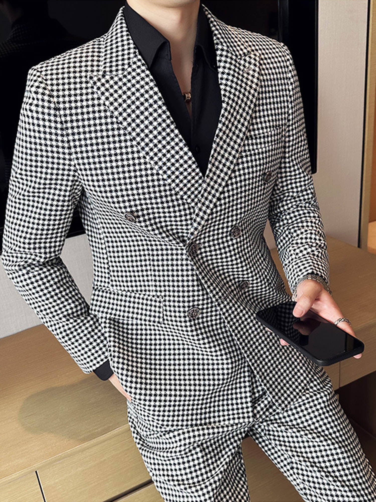 Houndstooth Peak Lapel Double-Breasted Men Suits – BABARONI
