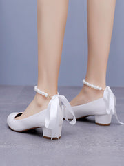 Round Toe Low Chunky Heels Beaded Wedding Shoes