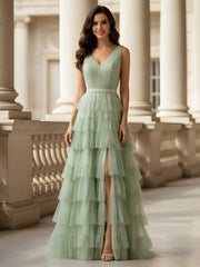 Ruched Bodice Formal Dress with Waistband Detail Dusty Sage